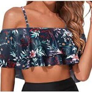 TEMPT ME RUFFLE BIKINI TOP OFF SHOULDER WOMEN SWIM TOP BLUE FLORAL LARGE NEW